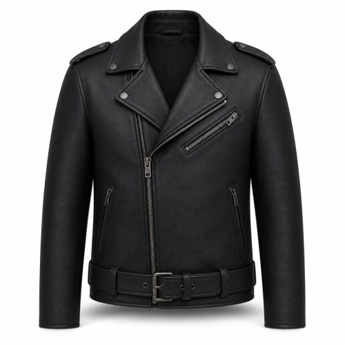 Men's Full Grain Black Cowhide Leather Jacket, Vintage Biker Style with Small Badge Detail