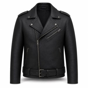 Men's Full Grain Black Cowhide Leather Jacket, Vintage Biker Style with Small Badge Detail