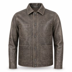 Men's Embossed Goatskin Leather Jacket, Distressed Washed Commuter Coat with Wave Embossing