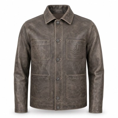 Men's Embossed Goatskin Leather Jacket, Distressed Washed Commuter Coat with Wave Embossing