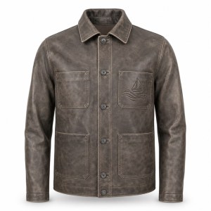 Men's Embossed Goatskin Leather Jacket, Distressed Washed Commuter Coat with Wave Embossing