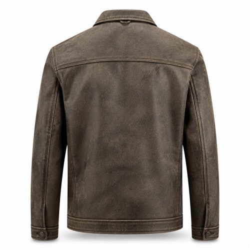 Men's Embossed Goatskin Leather Jacket, Distressed Washed Commuter Coat with Wave Embossing