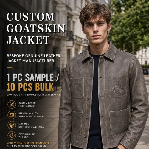 Men's Embossed Goatskin Leather Jacket, Distressed Washed Commuter Coat with Wave Embossing