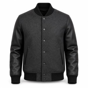 Minimalist Plain Varsity Jacket for Men, Contrast Wool Body with Matte PU Leather Sleeves