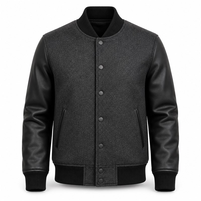 Minimalist Plain Varsity Jacket for Men, Contrast Wool Body with Matte PU Leather Sleeves