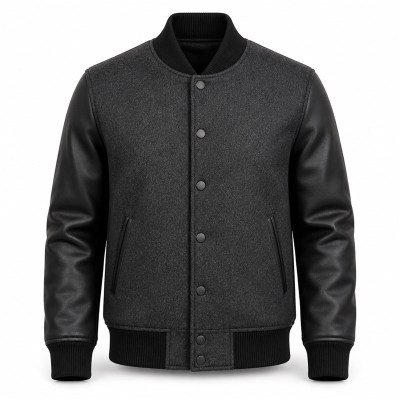 Minimalist Plain Varsity Jacket for Men, Contrast Wool Body with Matte PU Leather Sleeves