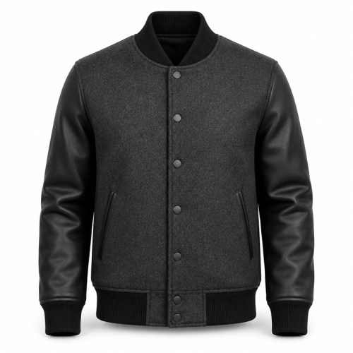 Minimalist Plain Varsity Jacket for Men, Contrast Wool Body with Matte PU Leather Sleeves