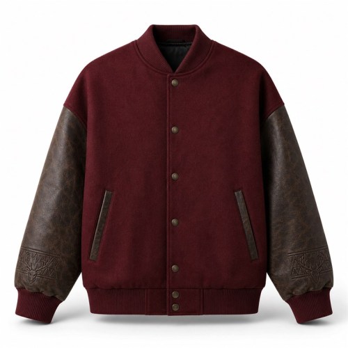Men's Wild Varsity Jacket with Embossed Cuff Detail, Wool Body and Distressed PU Sleeves