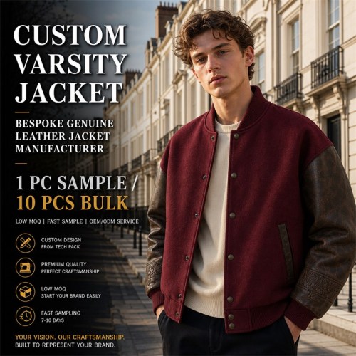 Men's Wild Varsity Jacket with Embossed Cuff Detail, Wool Body and Distressed PU Sleeves