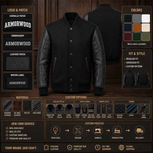 Men's Structural Tech Stitched Varsity Jacket, Wool and PU Leather Sleeves