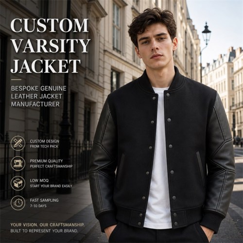 Men's Structural Tech Stitched Varsity Jacket, Wool and PU Leather Sleeves