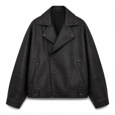 Men's Plain Matte Frosted PU Leather Jacket, London Street Biker Style with Topstitching