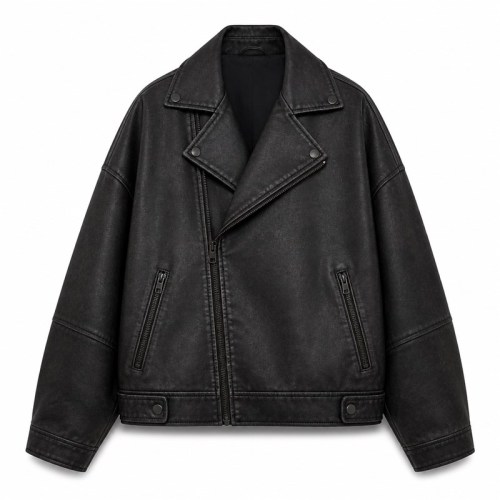 Men's Plain Matte Frosted PU Leather Jacket, London Street Biker Style with Topstitching