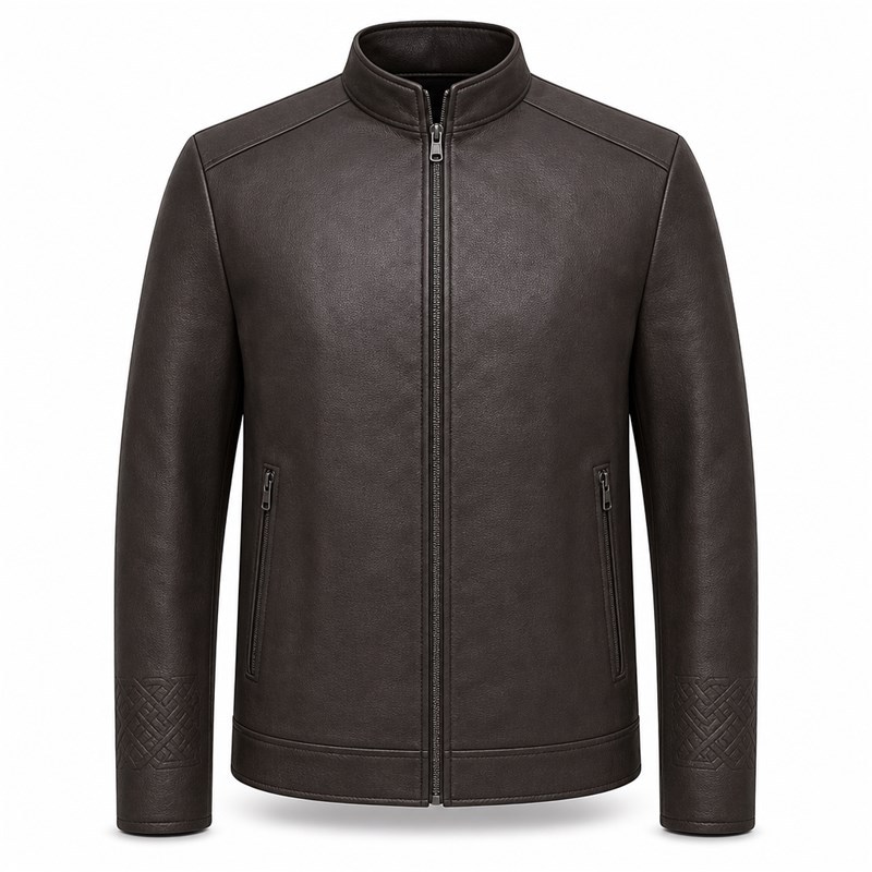 Men's Embossed Cuff PU Leather Jacket, Commuter Style with Rope Knot Embossing