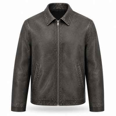 Men's Washed Plain Matte PU Leather Jacket, Urban Biker Style with Distressed Finish