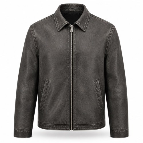 Men's Washed Plain Matte PU Leather Jacket, Urban Biker Style with Distressed Finish