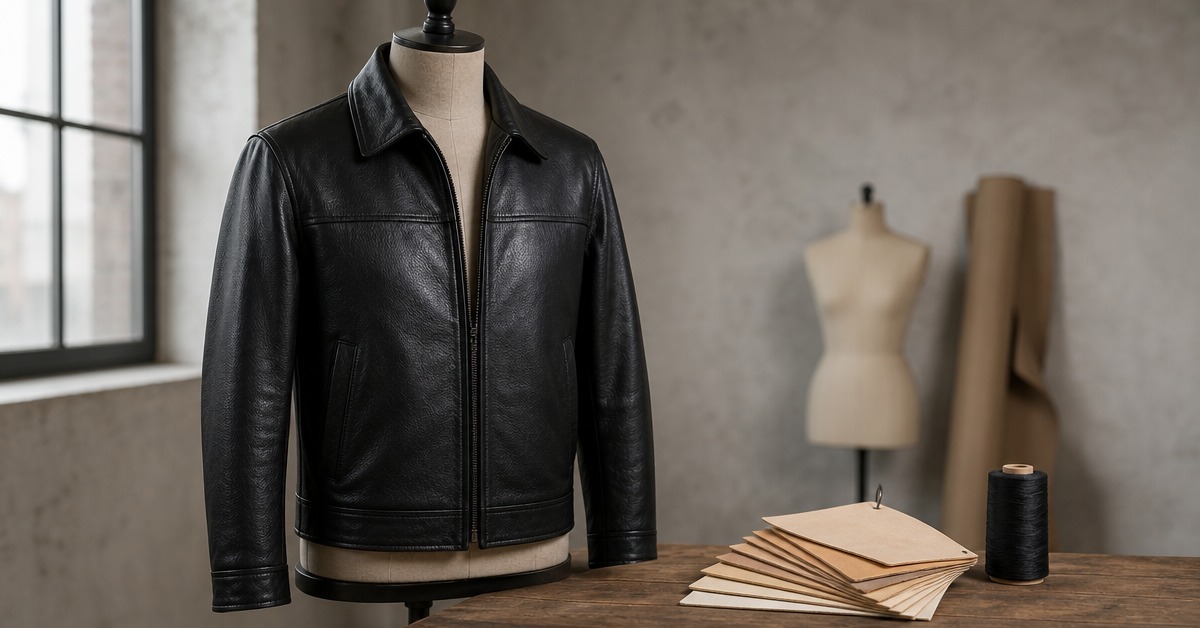 Black leather jacket on a dress form with leather swatch samples for buyer review in a jacket workshop