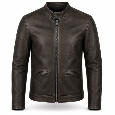 Men's Plain Matte Distressed Veg Tanned Leather Jacket, Cafe Racer Style