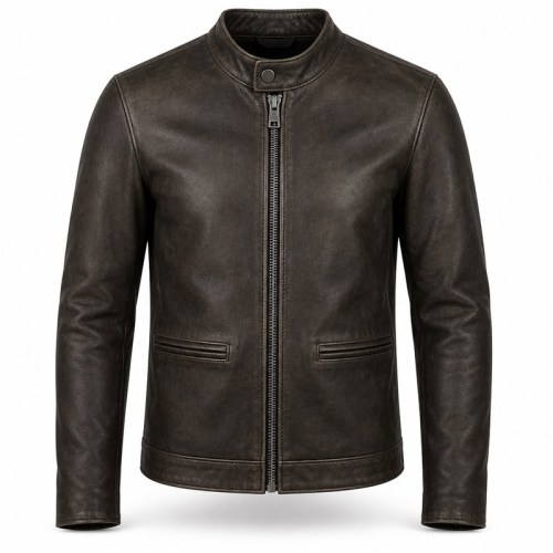 Men's Plain Matte Distressed Veg Tanned Leather Jacket, Cafe Racer Style