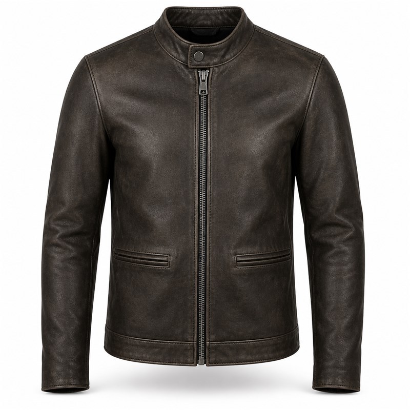 Men's Plain Matte Distressed Veg Tanned Leather Jacket, Cafe Racer Style