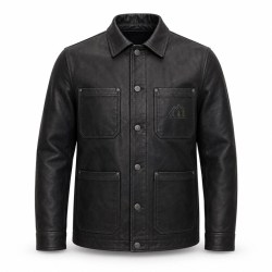 Men's Symmetric Workwear Biker Leather Jacket, Washed Black with Geometric Detail