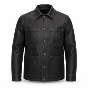Men's Symmetric Workwear Biker Leather Jacket, Washed Black with Geometric Detail