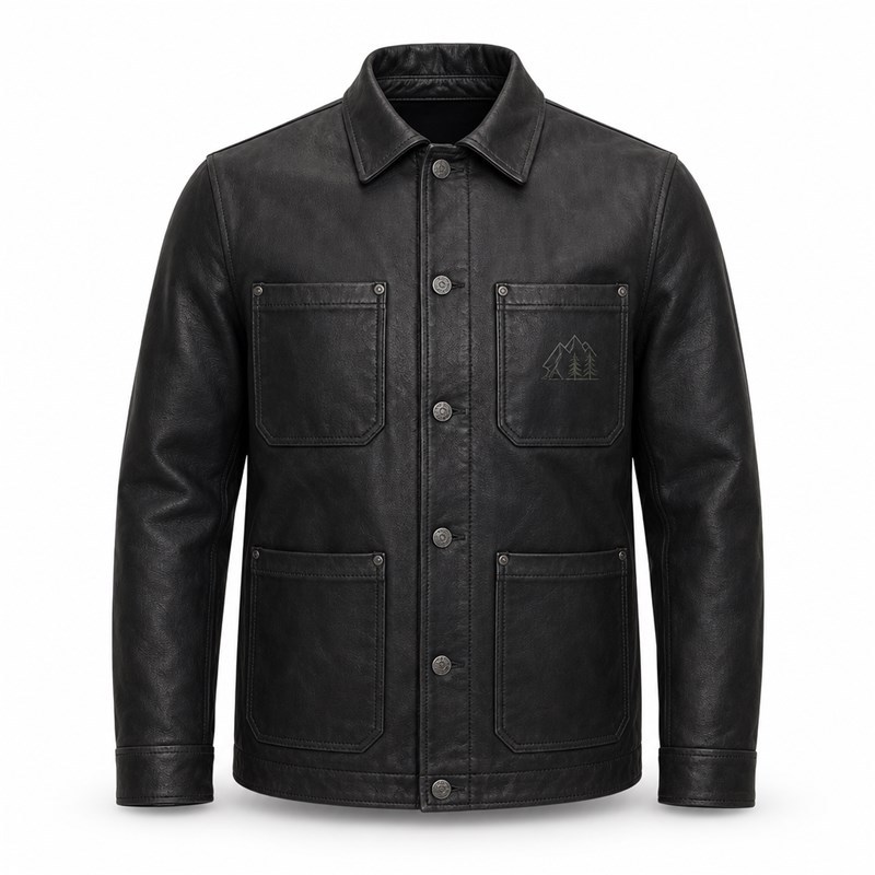 Men's Symmetric Workwear Biker Leather Jacket, Washed Black with Geometric Detail