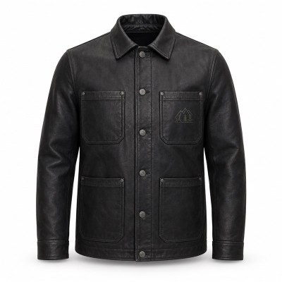 Men's Symmetric Workwear Biker Leather Jacket, Washed Black with Geometric Detail