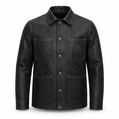 Men's Symmetric Workwear Biker Leather Jacket, Washed Black with Geometric Detail