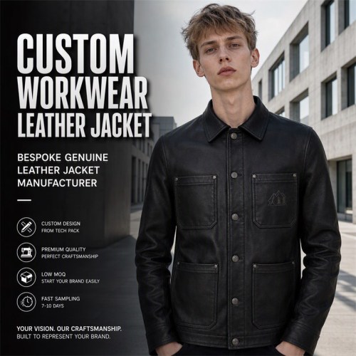 Men's Symmetric Workwear Biker Leather Jacket, Washed Black with Geometric Detail