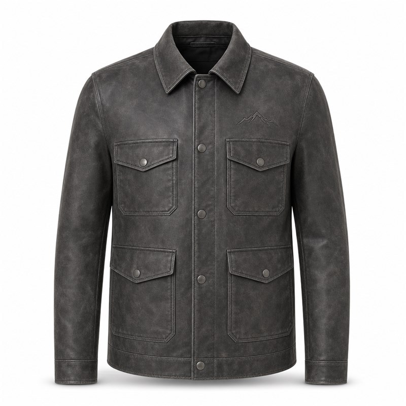 Men's Functional Splicing Goatskin Leather Jacket, Washed Frosted Commuter Coat