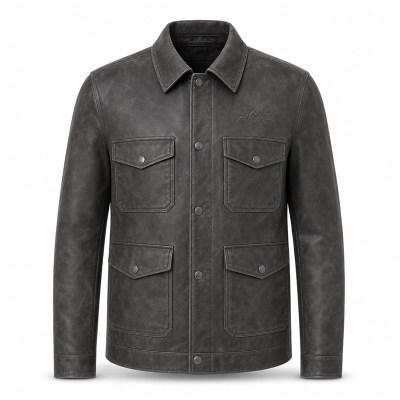 Men's Functional Splicing Goatskin Leather Jacket, Washed Frosted Commuter Coat