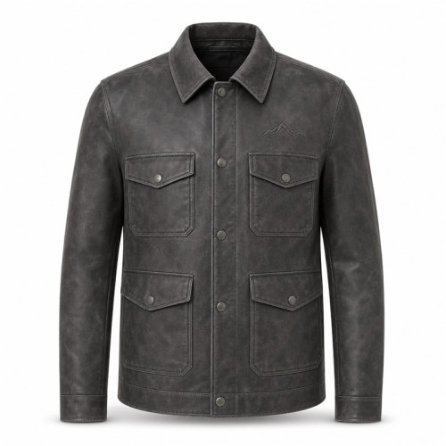 Men's Functional Splicing Goatskin Leather Jacket, Washed Frosted Commuter Coat