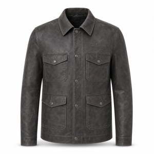 Men's Functional Splicing Goatskin Leather Jacket, Washed Frosted Commuter Coat