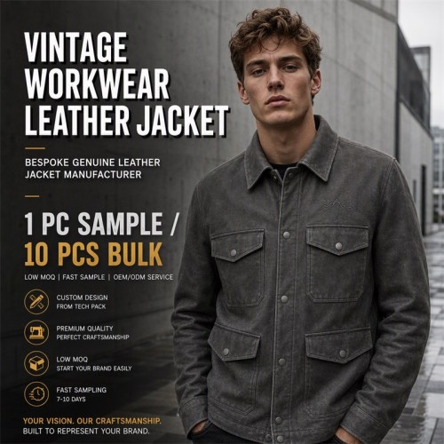 Men's Functional Splicing Goatskin Leather Jacket, Washed Frosted Commuter Coat