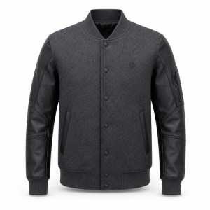 Men's Plain Tech Wool Varsity Jacket, Charcoal Body with Matte PU Leather Sleeves