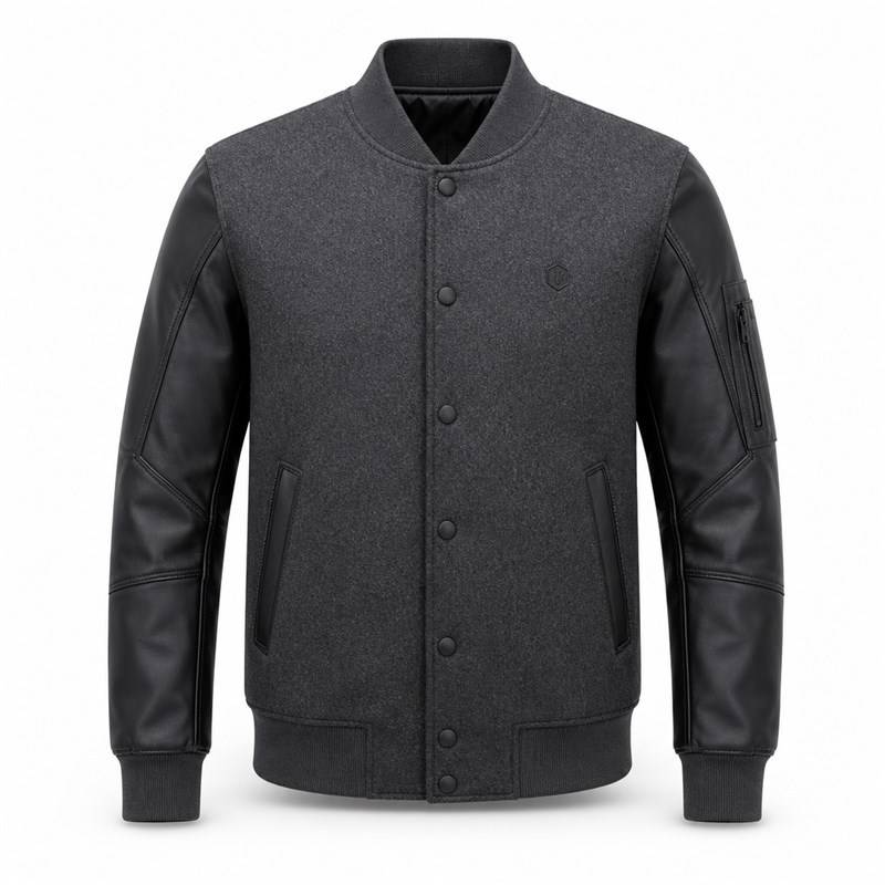 Men's Plain Tech Wool Varsity Jacket, Charcoal Body with Matte PU Leather Sleeves