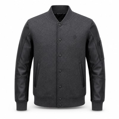 Men's Plain Tech Wool Varsity Jacket, Charcoal Body with Matte PU Leather Sleeves