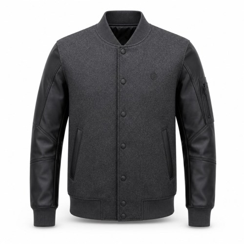 Men's Plain Tech Wool Varsity Jacket, Charcoal Body with Matte PU Leather Sleeves