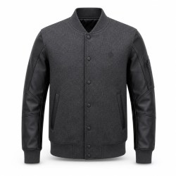 Men's Plain Tech Wool Varsity Jacket, Charcoal Body with Matte PU Leather Sleeves