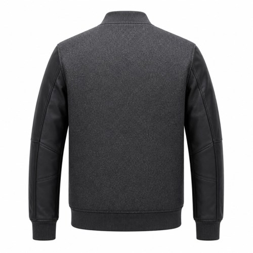 Men's Plain Tech Wool Varsity Jacket, Charcoal Body with Matte PU Leather Sleeves