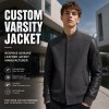 Men's Plain Tech Wool Varsity Jacket, Charcoal Body with Matte PU Leather Sleeves