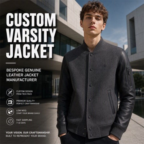Men's Plain Tech Wool Varsity Jacket, Charcoal Body with Matte PU Leather Sleeves