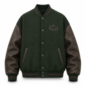 Men's Forest Green Varsity Jacket, Charcoal Brown Contrast with PU Leather Sleeves