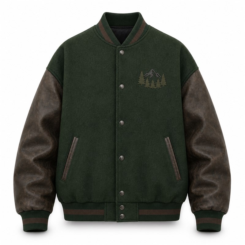 Men's Forest Green Varsity Jacket, Charcoal Brown Contrast with PU Leather Sleeves