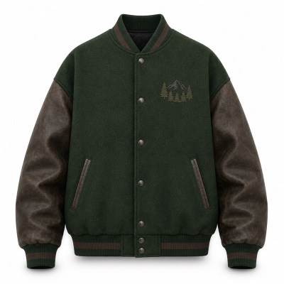 Men's Forest Green Varsity Jacket, Charcoal Brown Contrast with PU Leather Sleeves