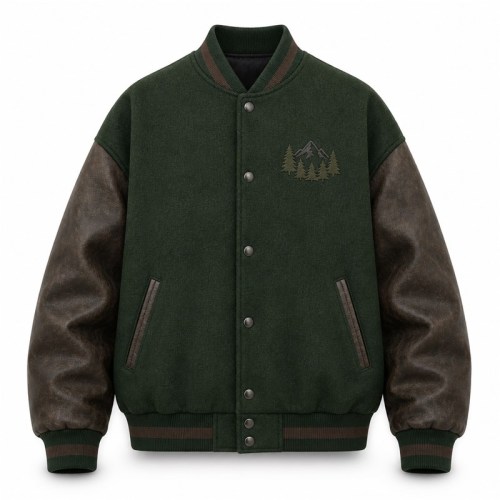 Men's Forest Green Varsity Jacket, Charcoal Brown Contrast with PU Leather Sleeves