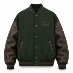 Men's Forest Green Varsity Jacket, Charcoal Brown Contrast with PU Leather Sleeves