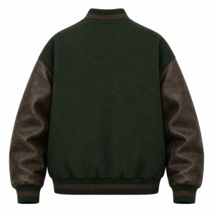 Men's Forest Green Varsity Jacket, Charcoal Brown Contrast with PU Leather Sleeves