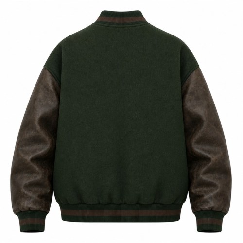Men's Forest Green Varsity Jacket, Charcoal Brown Contrast with PU Leather Sleeves